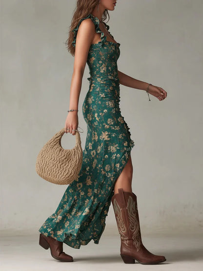 CAMILA | Vestido largo estampado verde de estilo bohemio con mangas con volantes