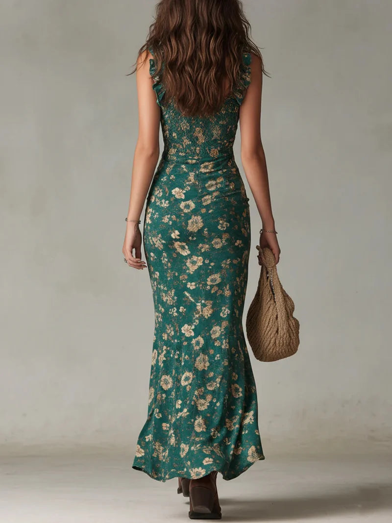 CAMILA | Vestido largo estampado verde de estilo bohemio con mangas con volantes
