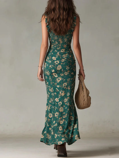 CAMILA | Vestido largo estampado verde de estilo bohemio con mangas con volantes