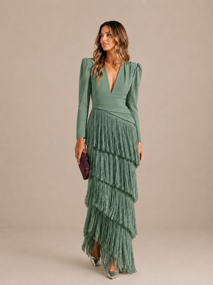 NOA | Elegante vestido midi con mangas de flecos