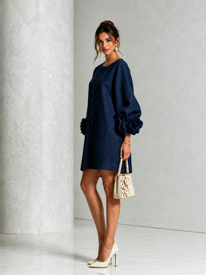 BIANCA | Vestido Mini de Lino con Mangas Abullonadas