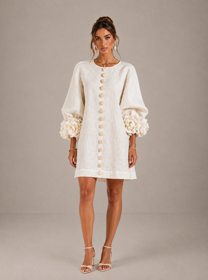BIANCA | Vestido Mini de Lino con Mangas Abullonadas