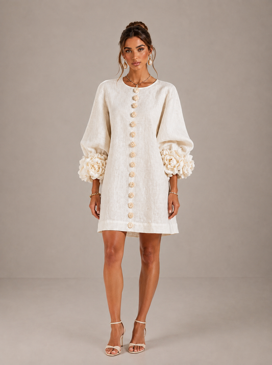 BIANCA | Vestido Mini de Lino con Mangas Abullonadas