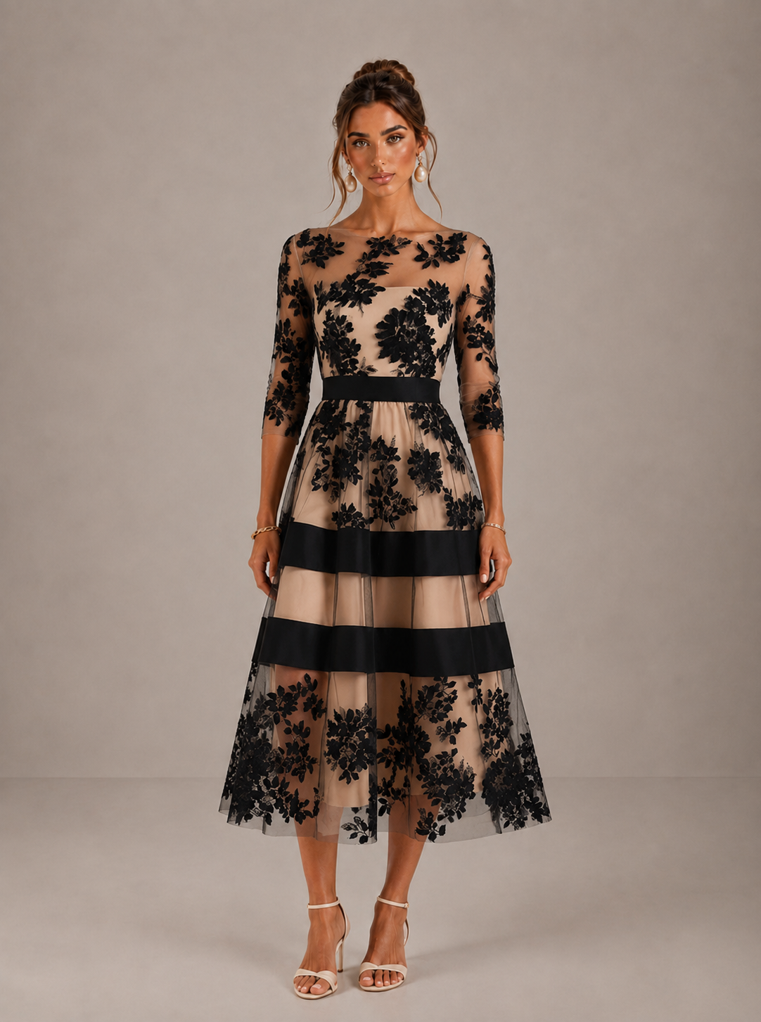 ISABELLA | Vestido midi de encaje floral con cinturón