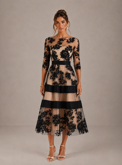 ISABELLA | Vestido midi de encaje floral con cinturón