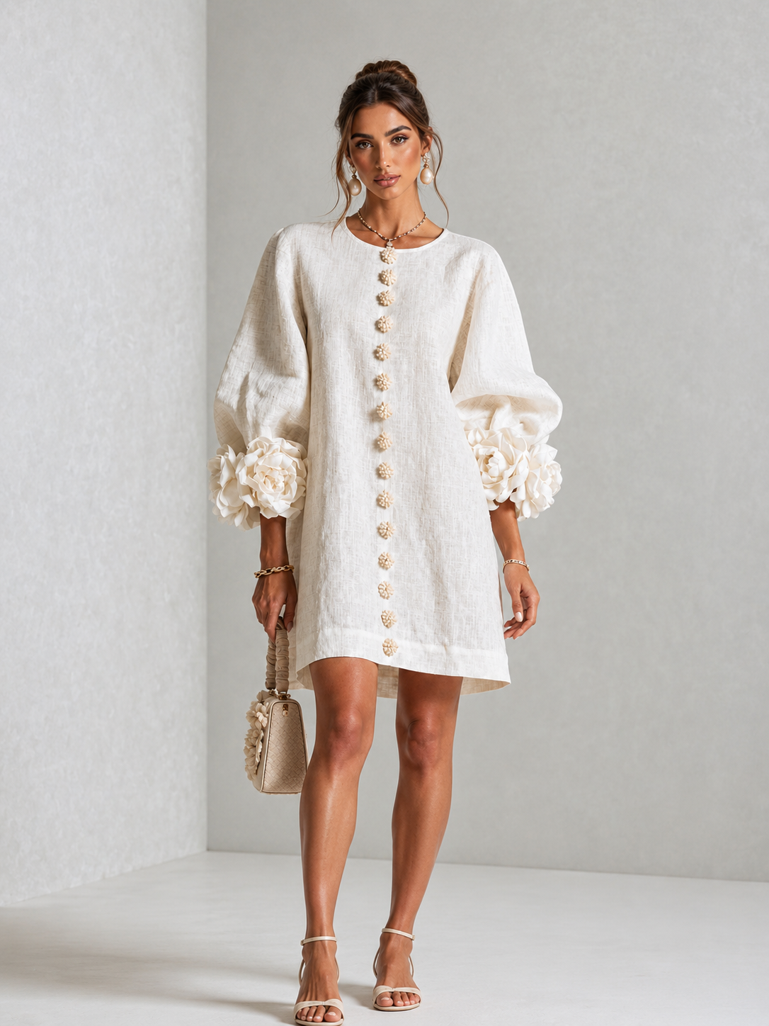 BIANCA | Vestido Mini de Lino con Mangas Abullonadas