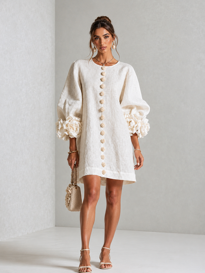 BIANCA | Vestido Mini de Lino con Mangas Abullonadas