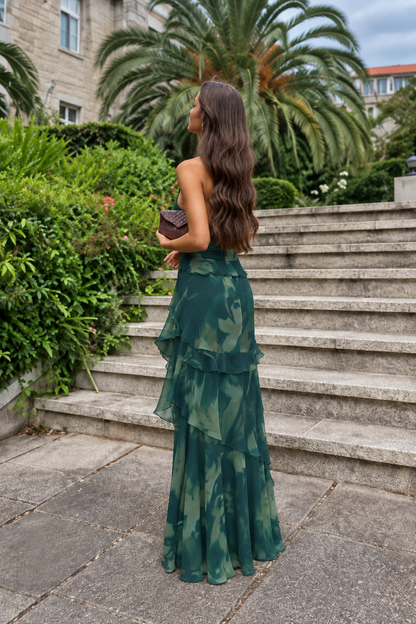 SIENA | Vestido largo halter con abertura y volantes
