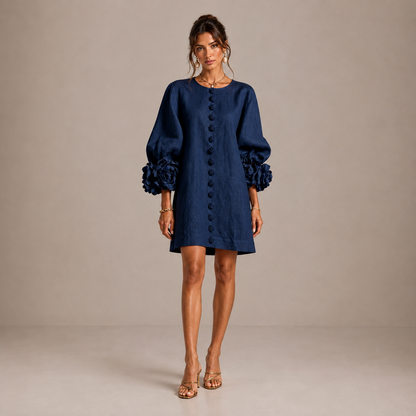 BIANCA | Vestido Mini de Lino con Mangas Abullonadas