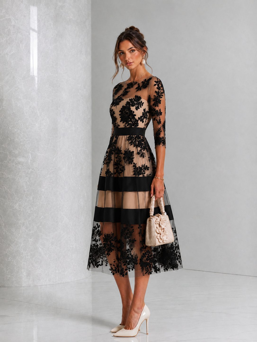 ISABELLA | Vestido midi de encaje floral con cinturón