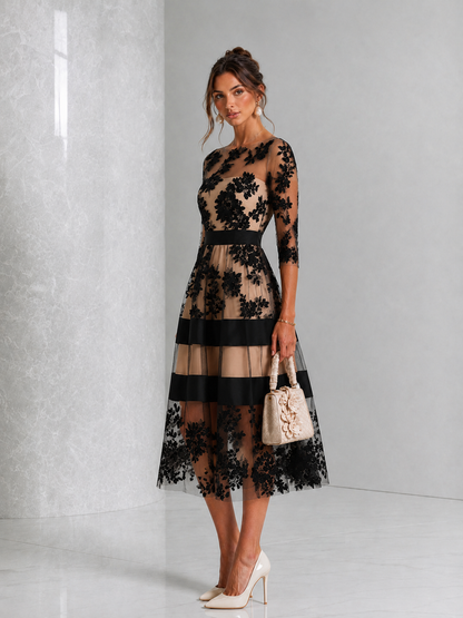 ISABELLA | Vestido midi de encaje floral con cinturón