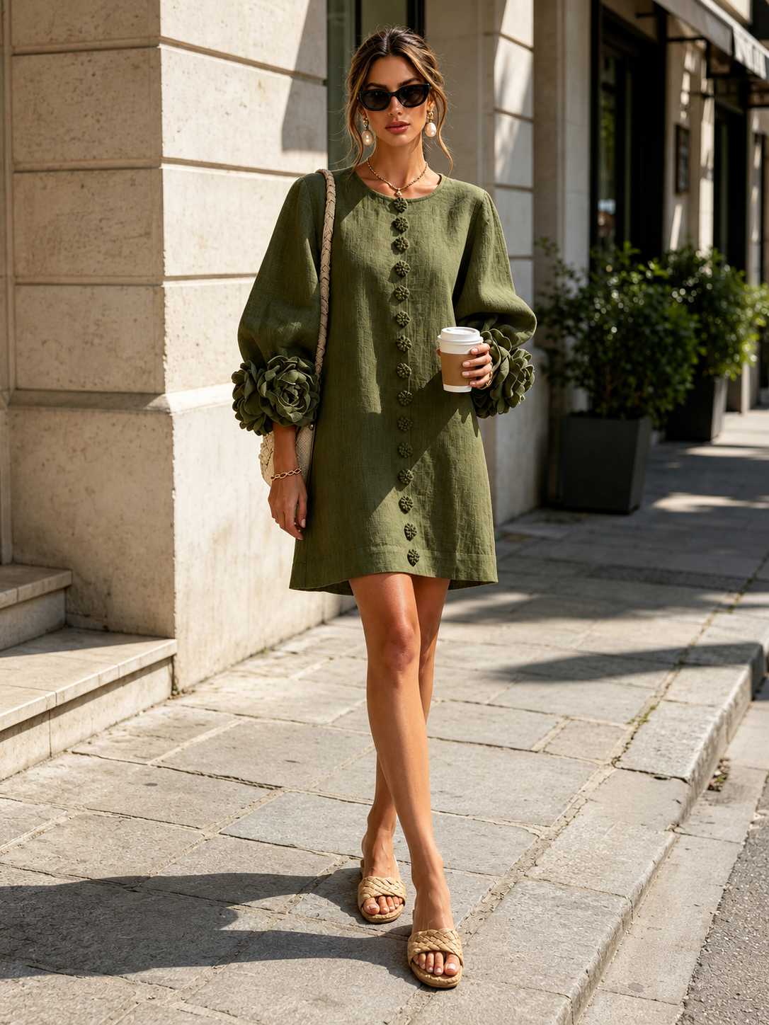 BIANCA | Vestido Mini de Lino con Mangas Abullonadas