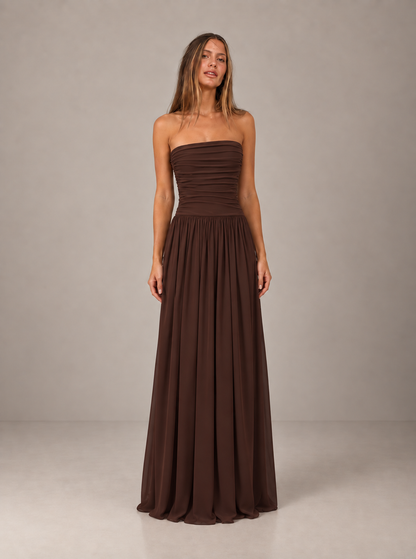 ELARA | Vestido largo palabra de honor fruncido con falda fluida