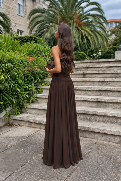 ELARA | Vestido largo palabra de honor fruncido con falda fluida