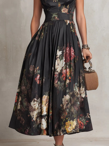ALESSIA | Vestido midi de satén plisado con cuello redondo negro