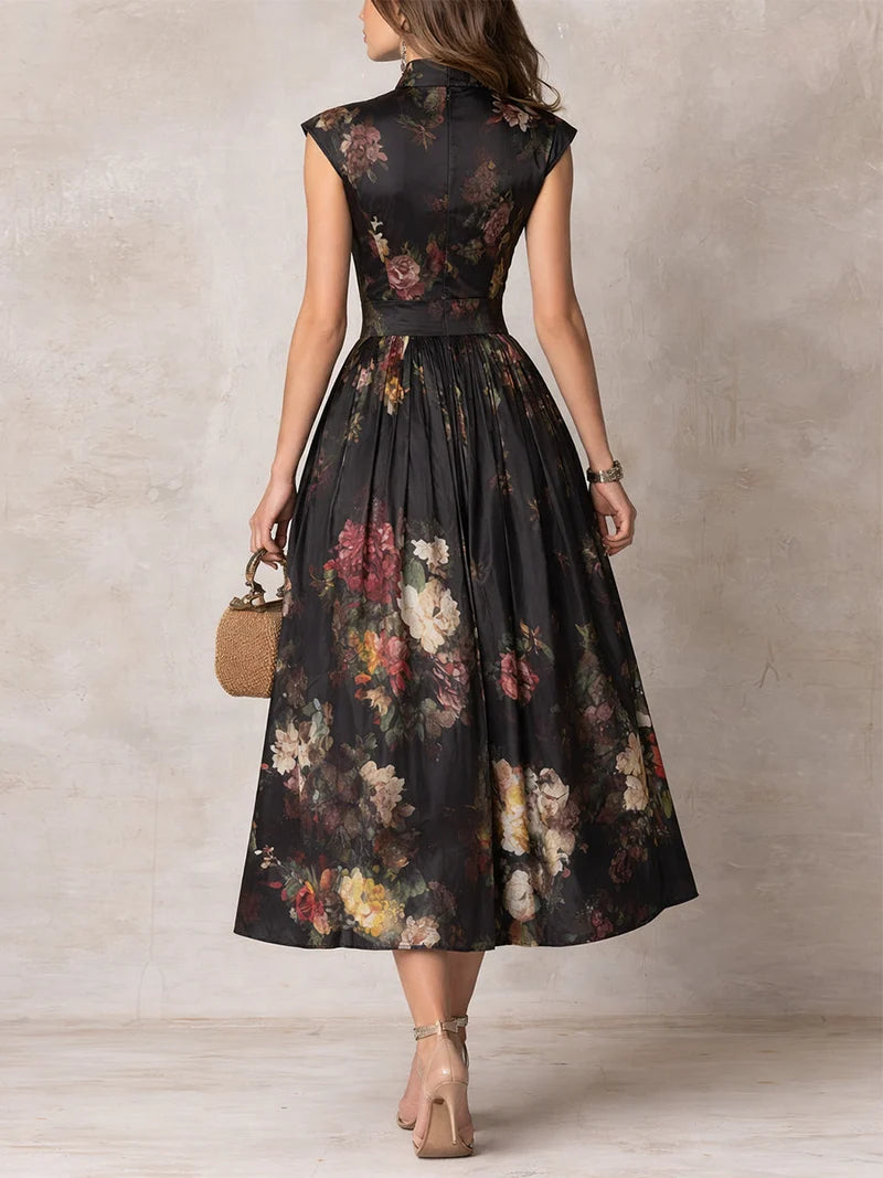 ALESSIA | Vestido midi de satén plisado con cuello redondo negro