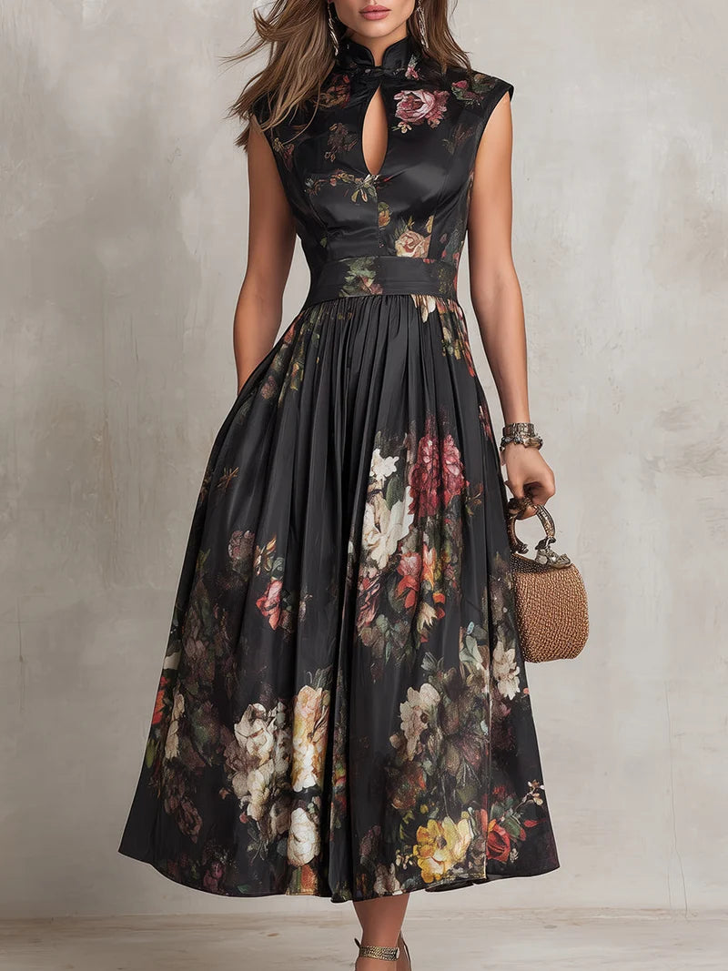 ALESSIA | Vestido midi de satén plisado con cuello redondo negro