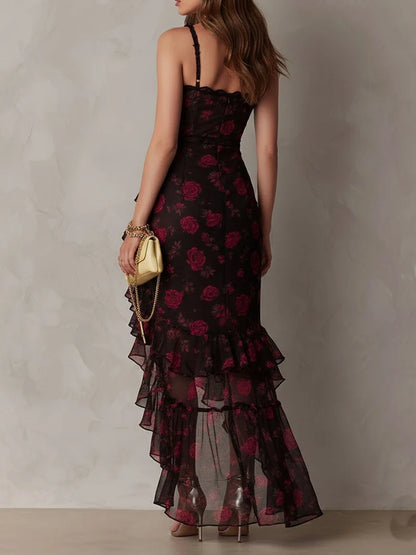 VALENTINA | Vestido elegante negro y rojo con flores y volantes