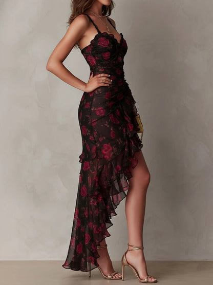 VALENTINA | Vestido elegante negro y rojo con flores y volantes
