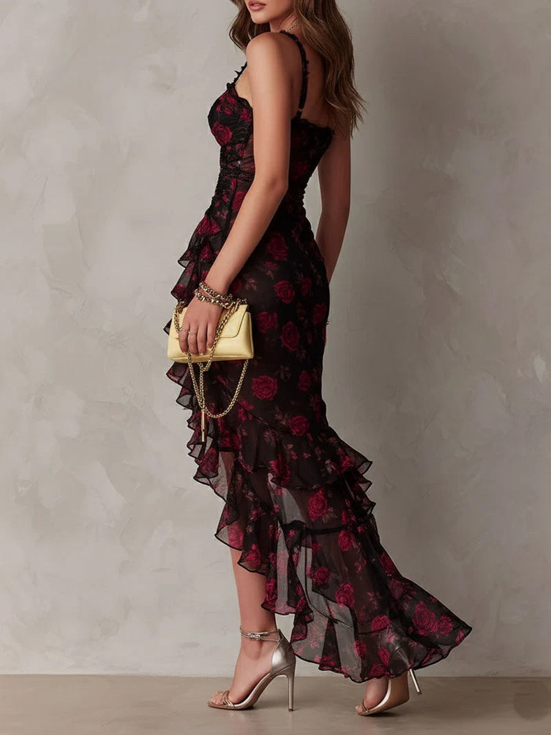 VALENTINA | Vestido elegante negro y rojo con flores y volantes