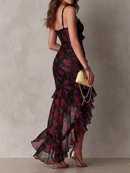 VALENTINA | Vestido elegante negro y rojo con flores y volantes