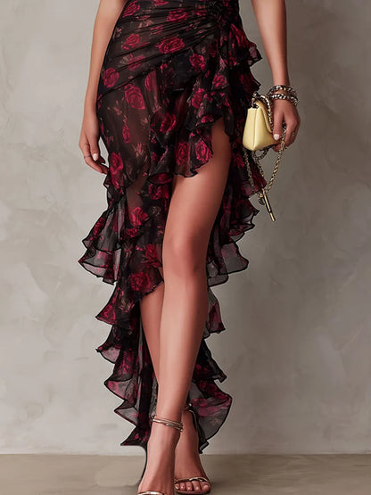 VALENTINA | Vestido elegante negro y rojo con flores y volantes