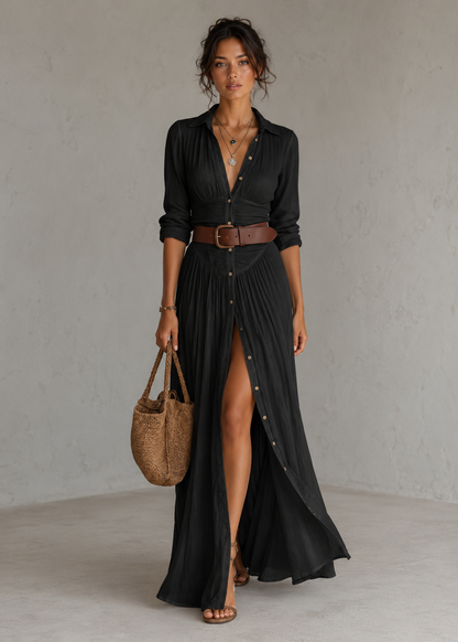 LUNA | Vestido largo con cuello vuelto y mangas largas de lino