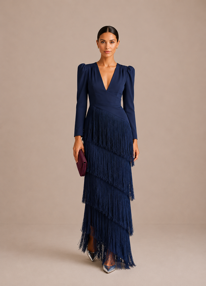 NOA | Elegante vestido midi con mangas de flecos
