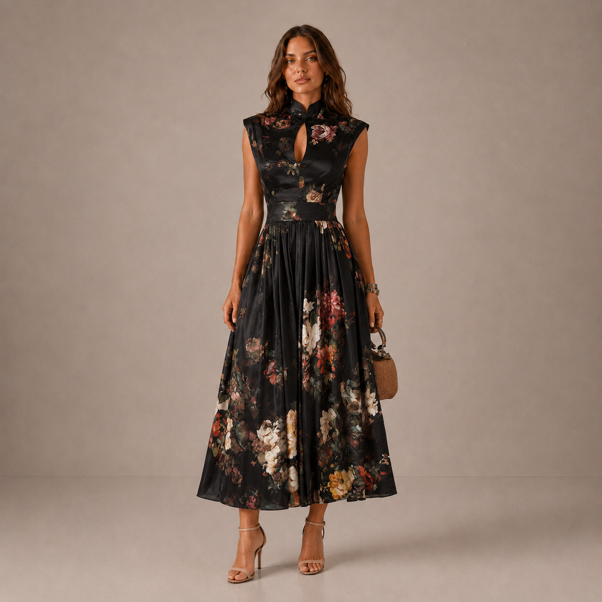 ALESSIA | Vestido midi de satén plisado con cuello redondo negro