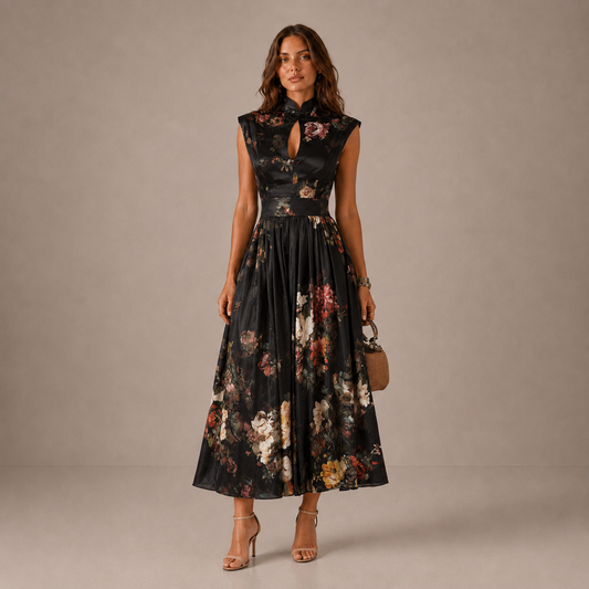 ALESSIA | Vestido midi de satén plisado con cuello redondo negro