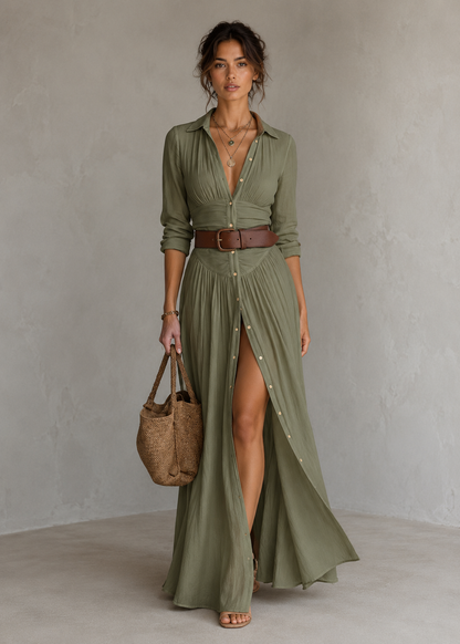 LUNA | Vestido largo con cuello vuelto y mangas largas de lino
