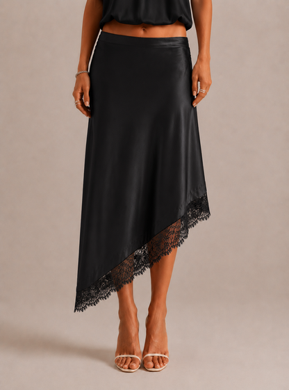 MARTINA | Falda midi asimétrica de satén con encaje