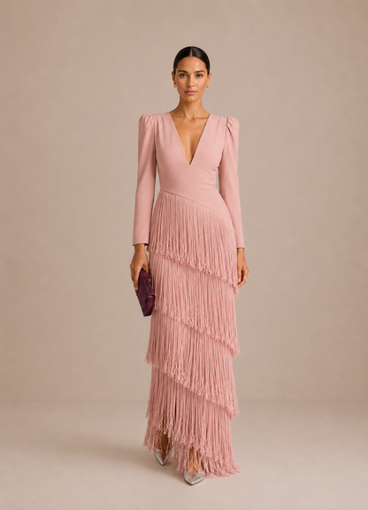 NOA | Elegante vestido midi con mangas de flecos
